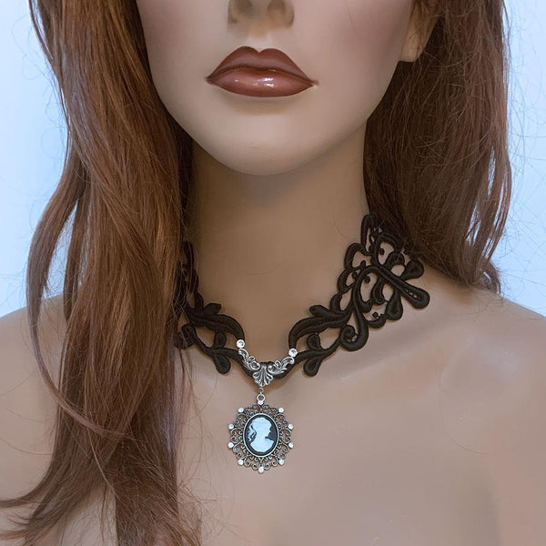 Black Lace Victorian Gothic Cameo Necklace