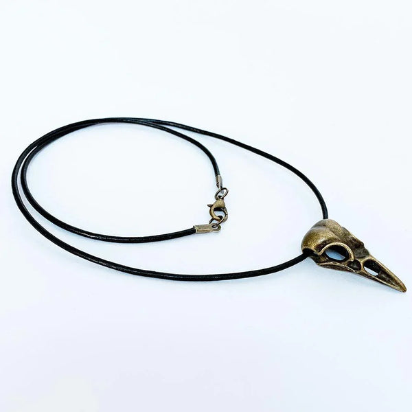 Black Leather Antique Bronze Raven Skull Pendant Necklace