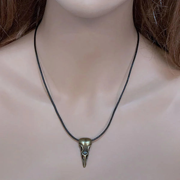 Black Leather Antique Bronze Raven Skull Pendant Necklace
