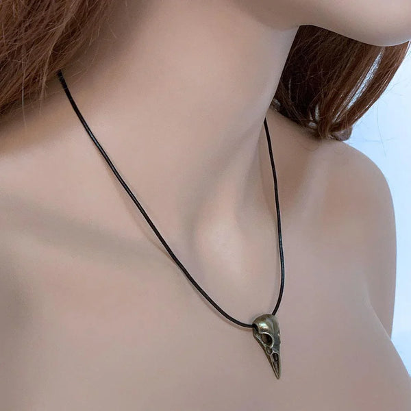 Black Leather Antique Bronze Raven Skull Pendant Necklace