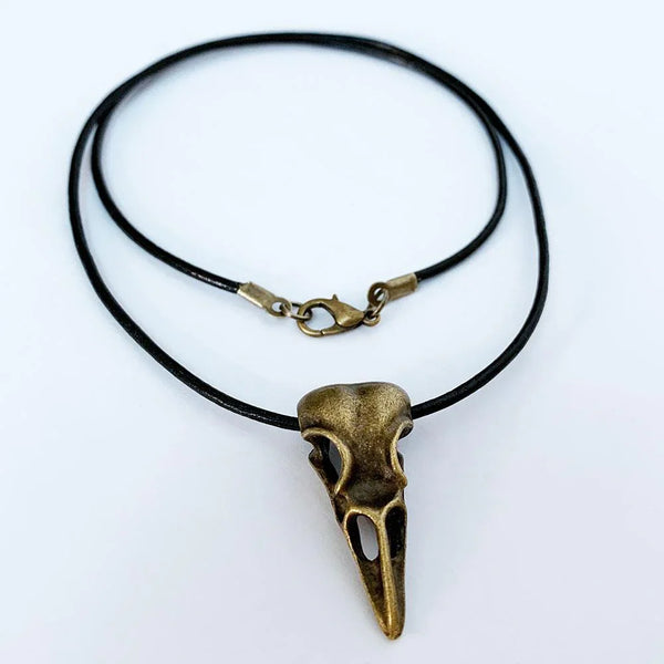 Black Leather Antique Bronze Raven Skull Pendant Necklace