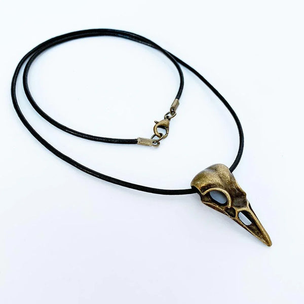 Black Leather Antique Bronze Raven Skull Pendant Necklace