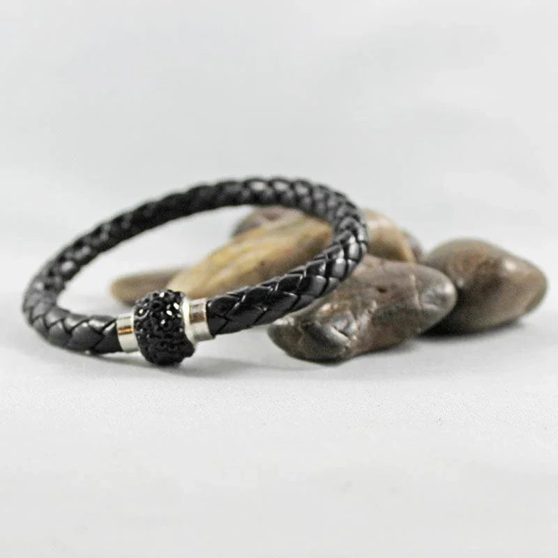 Black Leather Black Rhinestone Magnetic Clasp Bracelet