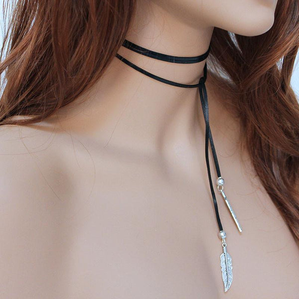 Black Leather Boho Lariat, Long Open Leather Necklace