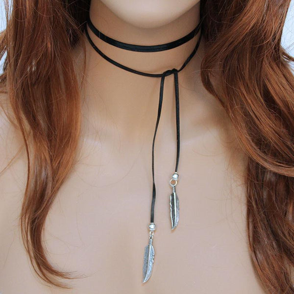 Black Leather Boho Lariat, Long Open Leather Necklace