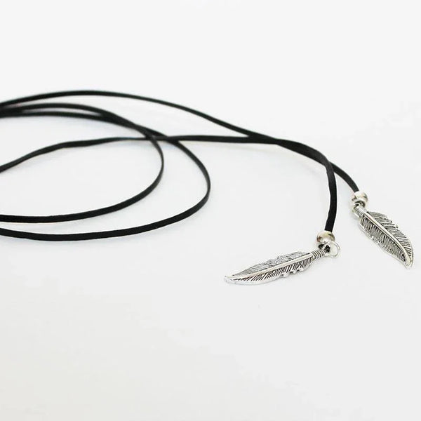 Black Leather Boho Lariat, Long Open Leather Necklace