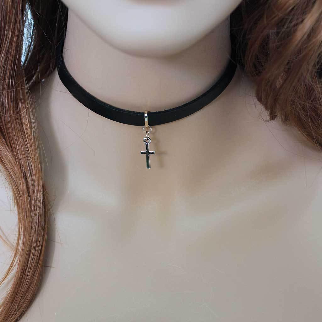 Black Leather Choker with Dainty Cross