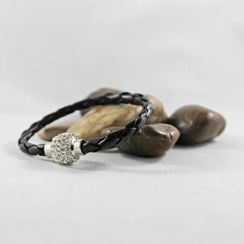 Black Leather Magnetic Rhinestone Clasp Bracelet