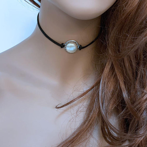 Black Leather Pearl Choker Necklace