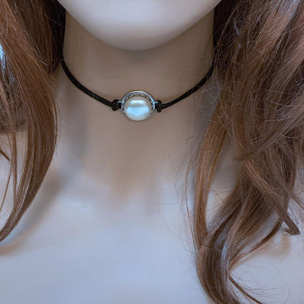 Black Leather Pearl Choker Necklace