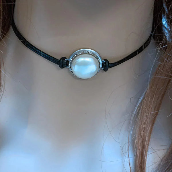 Black Leather Pearl Choker Necklace