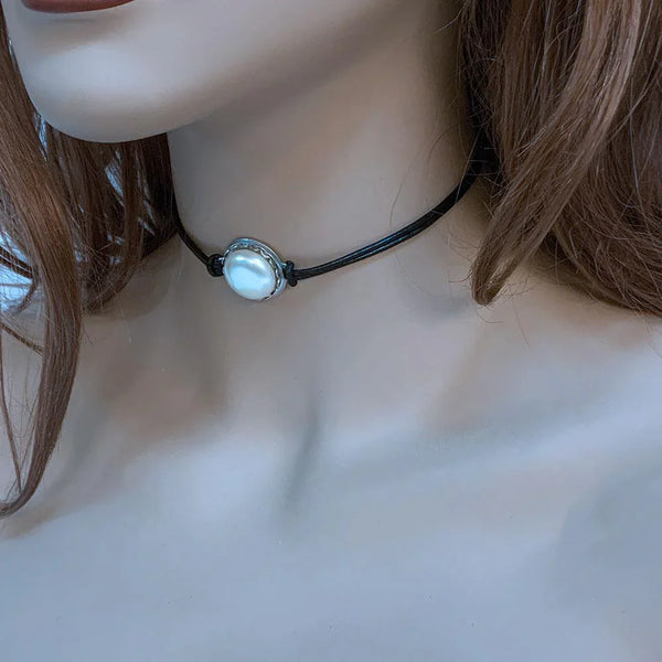 Black Leather Pearl Choker Necklace