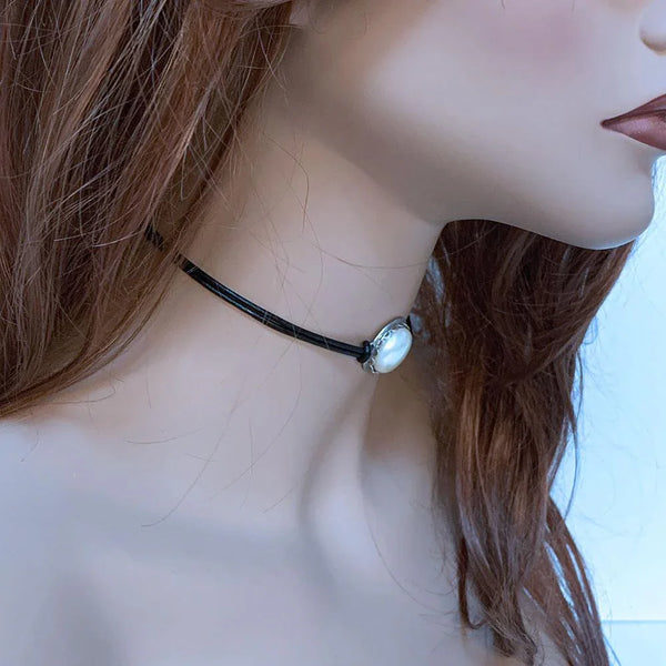 Black Leather Pearl Choker Necklace