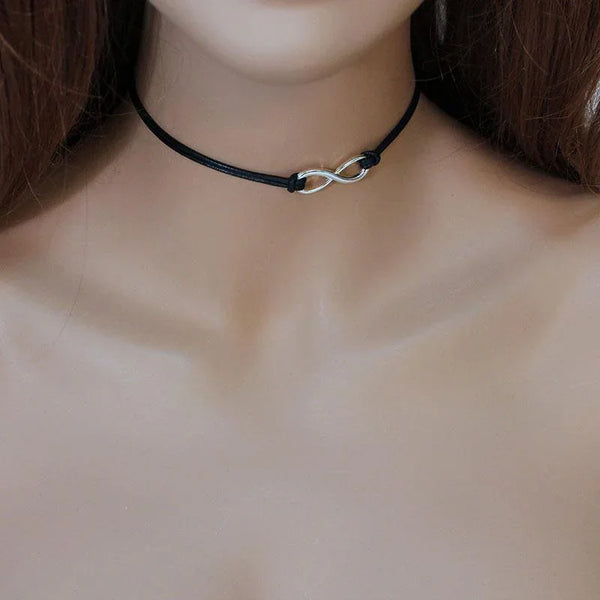 Black Leather Silver Infinity Choker