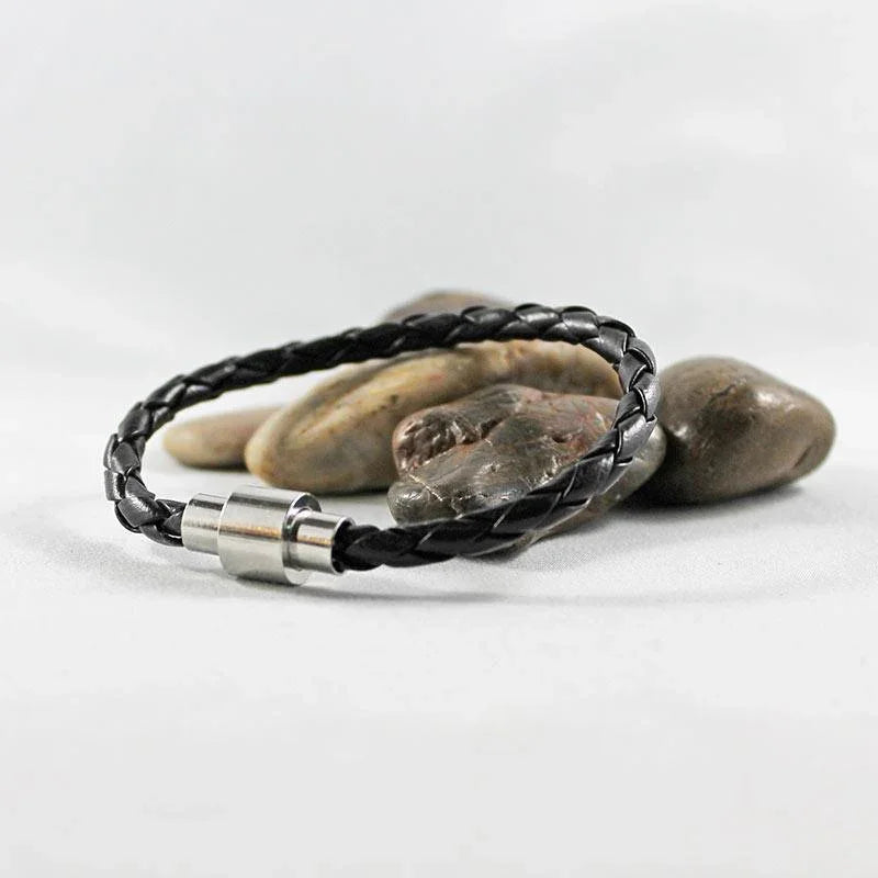 Black Leather Silver Magnetic Clasp Bracelet