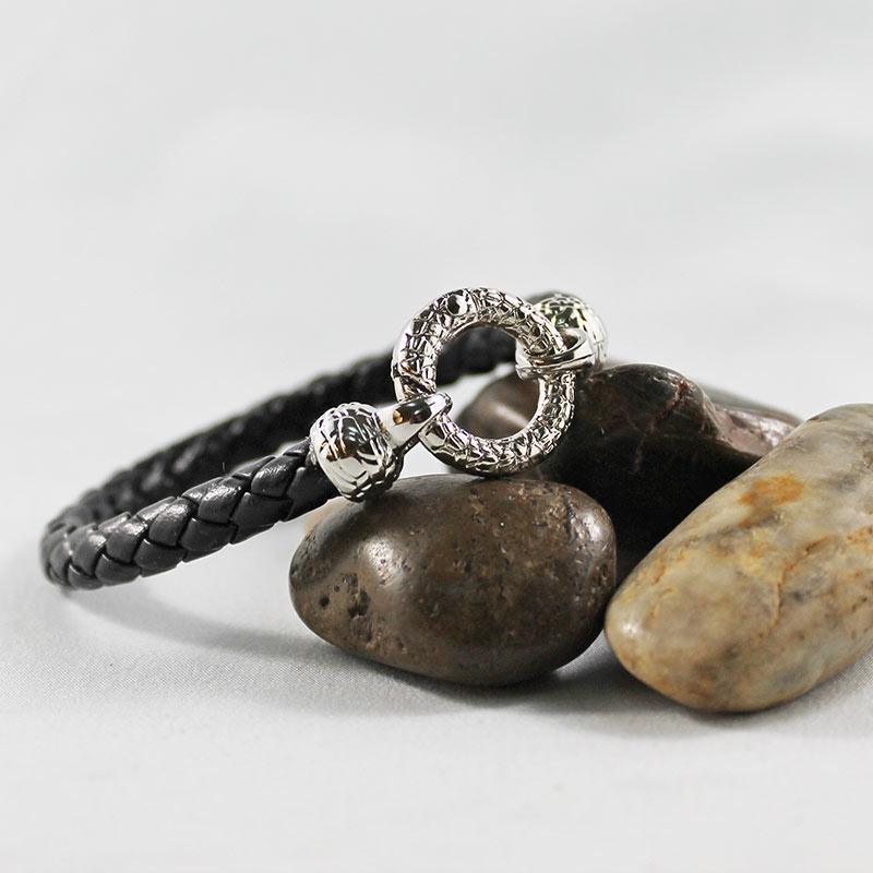 Black Leather Silver Ring Bracelet