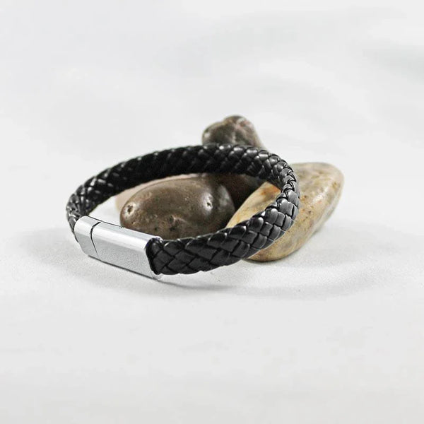 Black Leather Stainless Steel Magnetic Clasp Bracelet