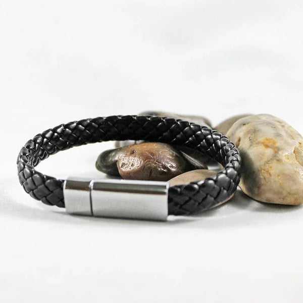 Black Leather Stainless Steel Magnetic Clasp Bracelet