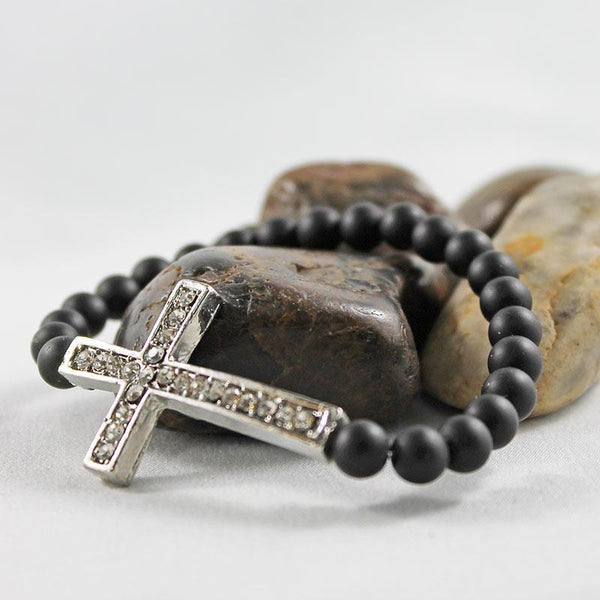 Black Matte Beaded Rhinestone Cross Bracelet