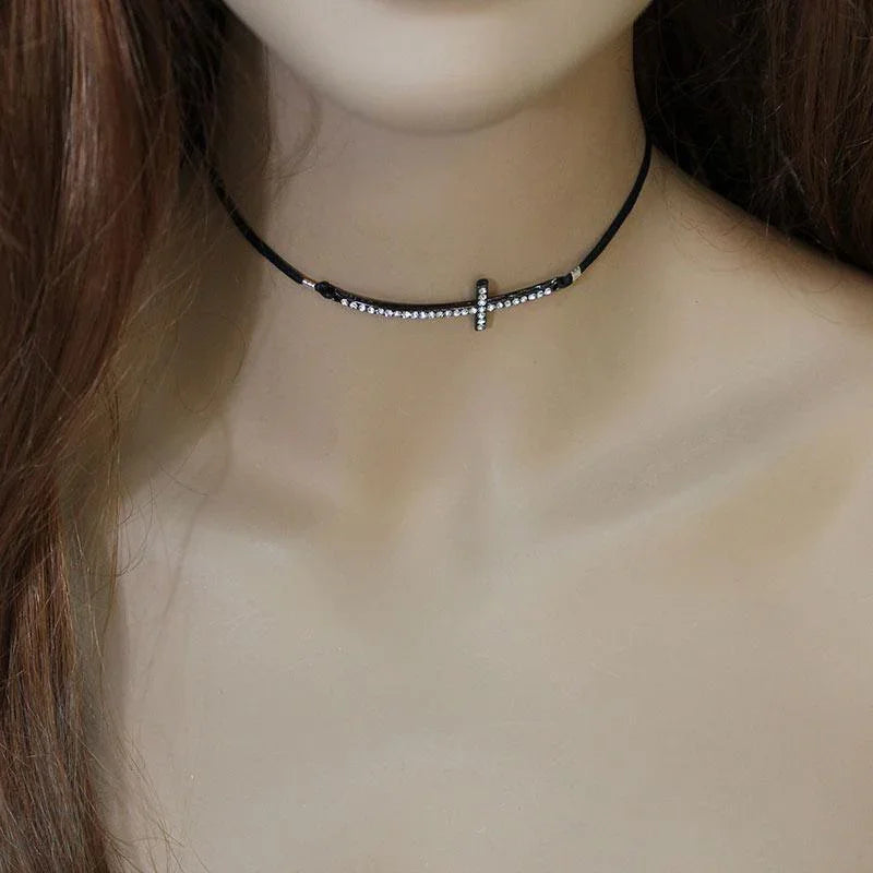 Black Sparkly Sideways Cross Choker