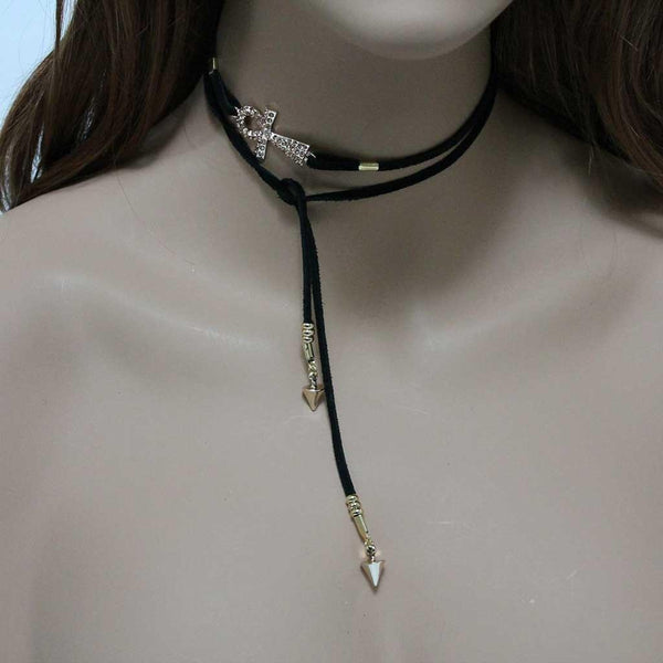 Black Suede Gold Sideways Ankh Lariat Necklace