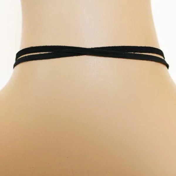Black Suede Gold Sideways Ankh Lariat Necklace