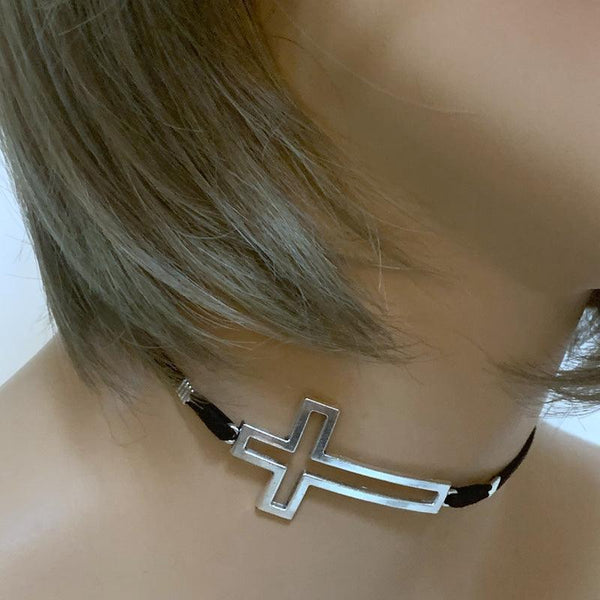Black Suede Large Sideways Cross Choker