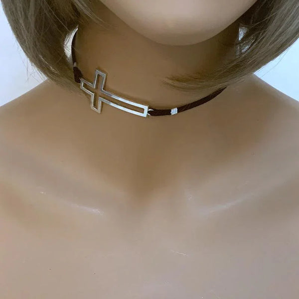 Black Suede Large Sideways Cross Choker