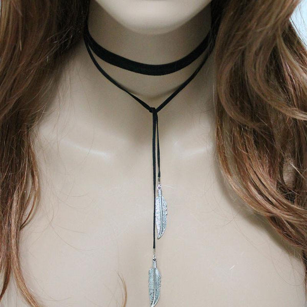 Black Suede Silver Feather Boho Lariat
