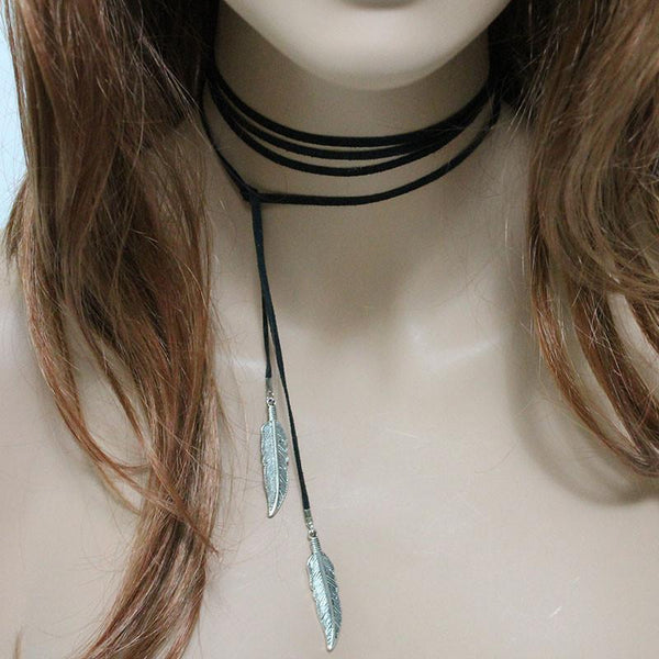 Black Suede Silver Feather Boho Lariat