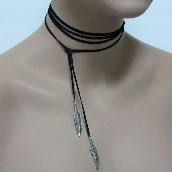 Black Suede Silver Feather Boho Lariat