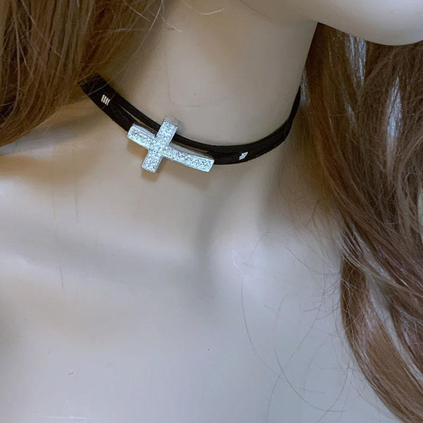 Black Suede Sparkle Sideways Cross Choker