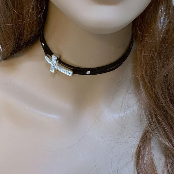 Black Suede Sparkle Sideways Cross Choker