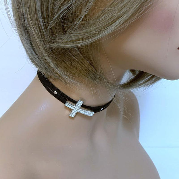 Black Suede Sparkle Sideways Cross Choker