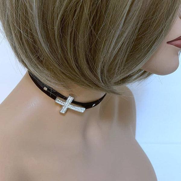 Black Suede Sparkle Sideways Cross Choker