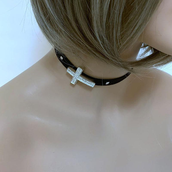 Black Suede Sparkle Sideways Cross Choker