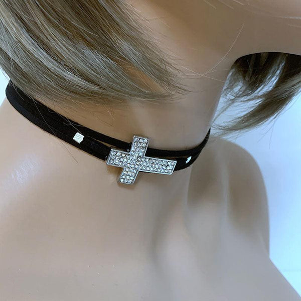 Black Suede Sparkly Sideway Cross Choker