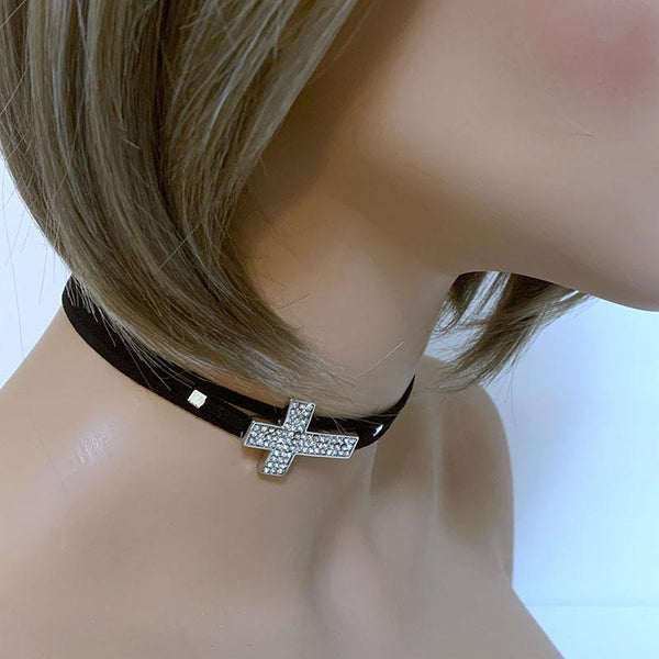 Black Suede Sparkly Sideway Cross Choker