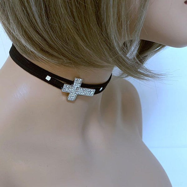 Black Suede Sparkly Sideway Cross Choker