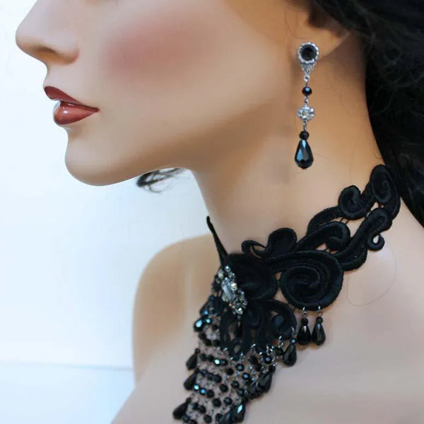 Black Teardrop Victorian Dangle Earrings