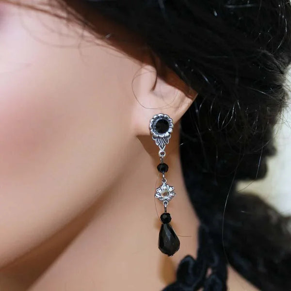 Black Teardrop Victorian Dangle Earrings