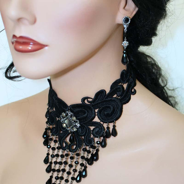 Black Teardrop Victorian Dangle Earrings