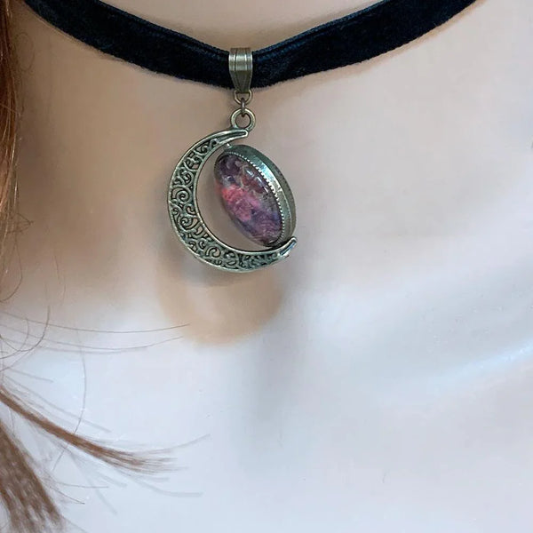 Black Velvet Brass Rotating Moon Choker