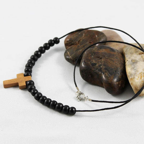 Black Wood Bead Cross Necklace