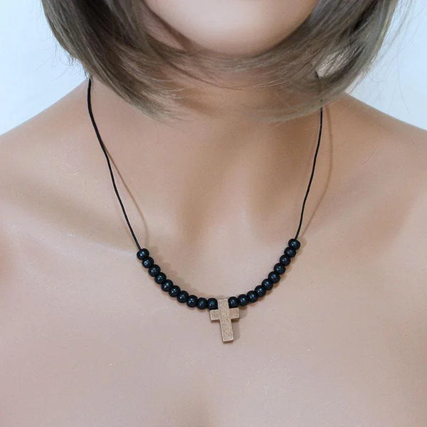 Black Wood Bead Cross Necklace