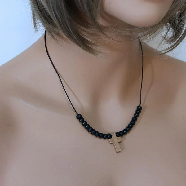 Black Wood Bead Cross Necklace