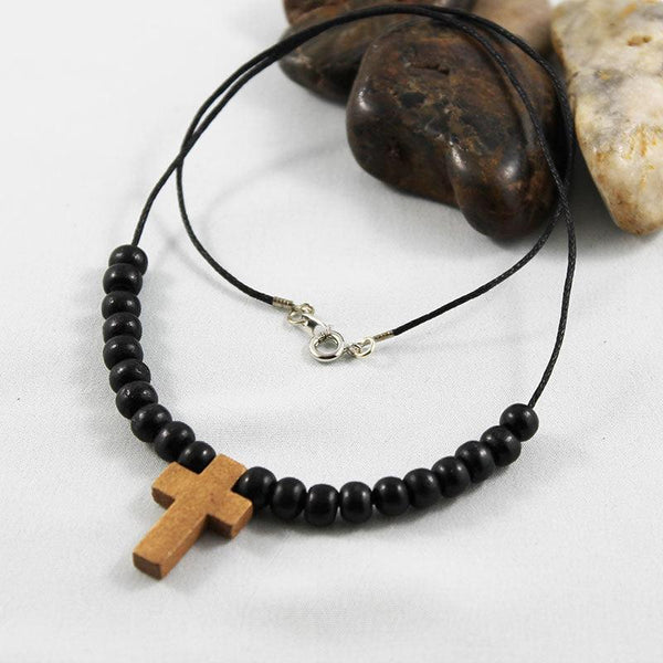 Black Wood Bead Cross Necklace