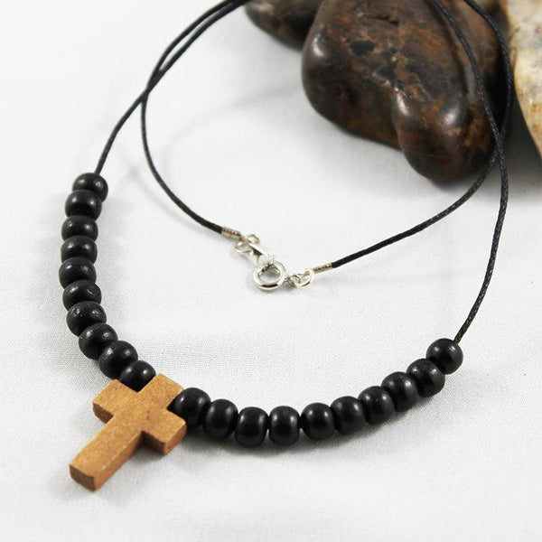 Black Wood Bead Cross Necklace