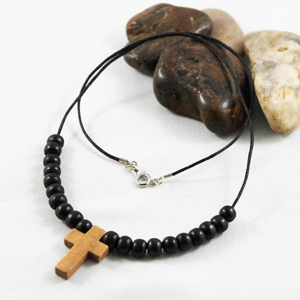 Black Wood Bead Cross Necklace