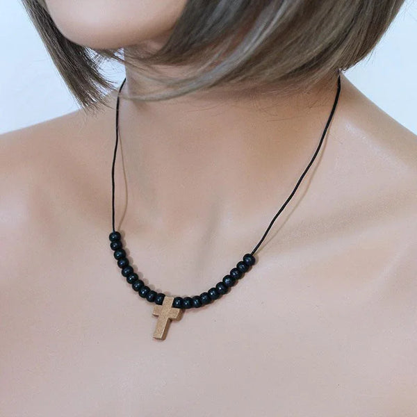 Black Wood Bead Cross Necklace